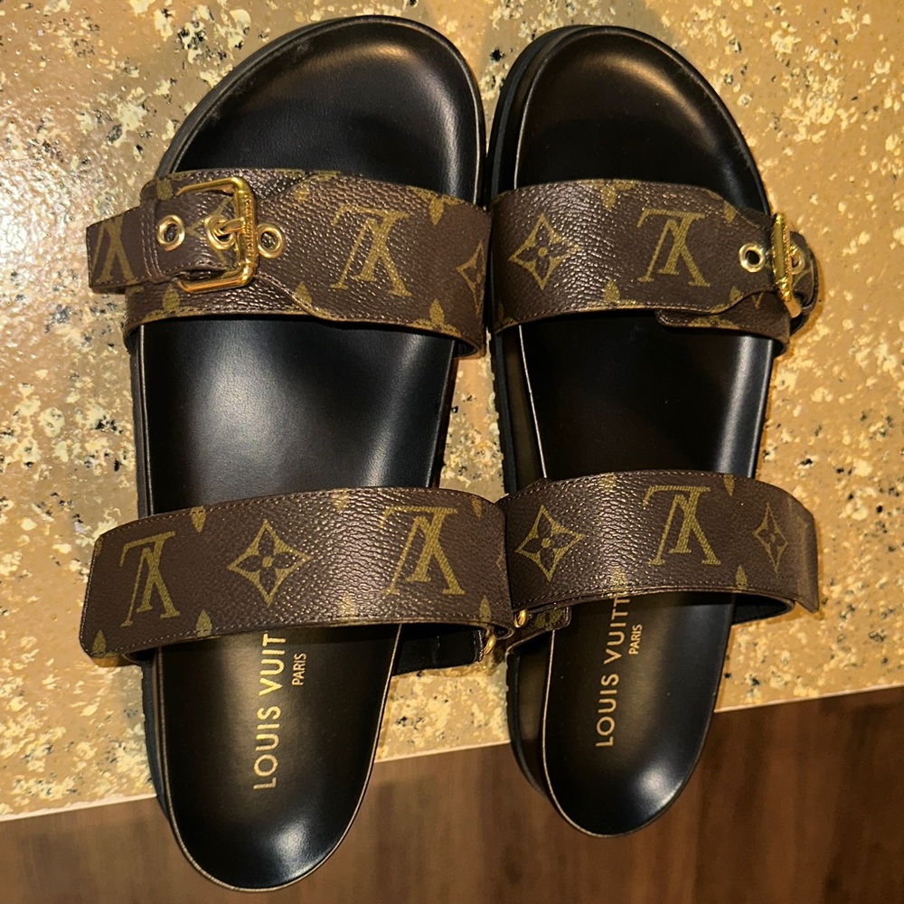 Louis Vuitton Black and Brown Monogram Slides